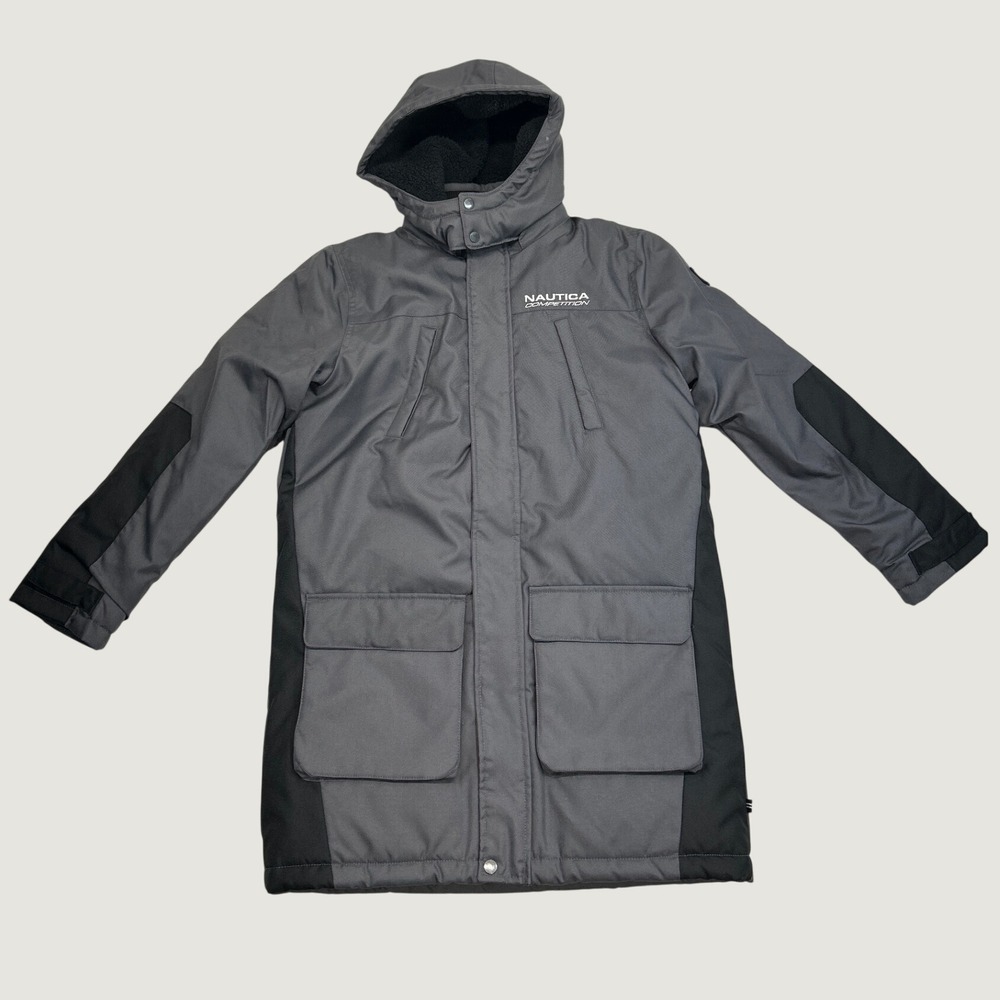 Nautica Competition Coat Mens XL 18-20 Grey Black Quilted Hooded Heavy Parka
